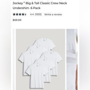 6 pack Jockey Big & Tall Classic Crew Neck Undershirt White 3XLT